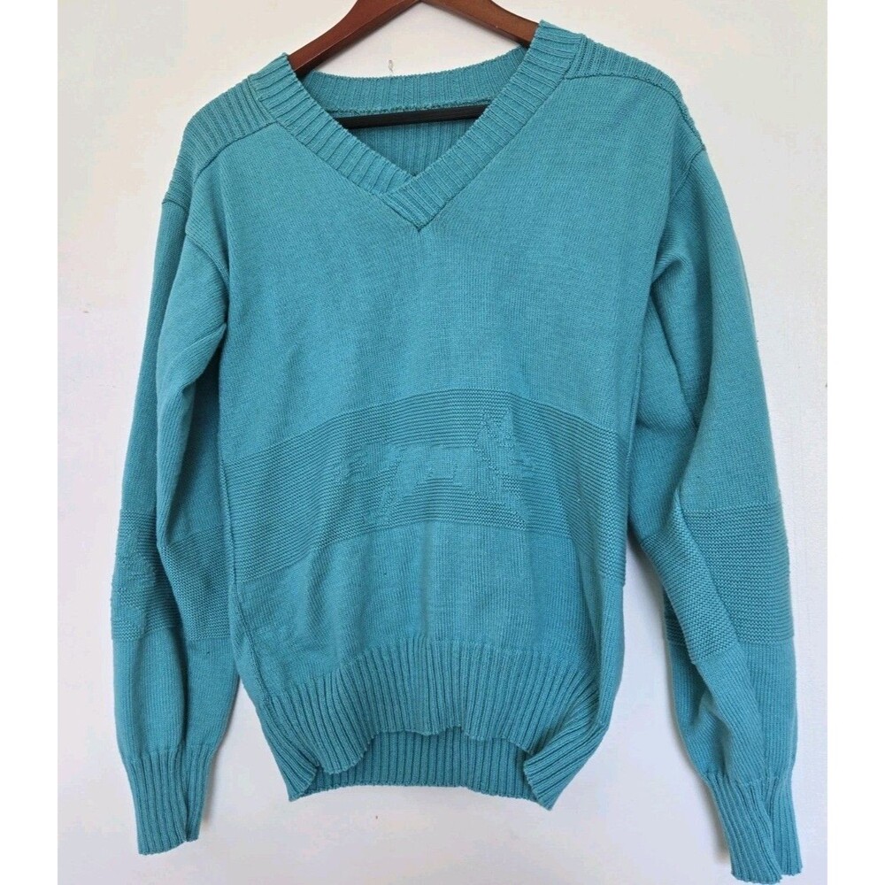 Vintage 70s Sweater Mens M‎ Blue Fox Animal V Neck Preppy Casual Grandpa Office